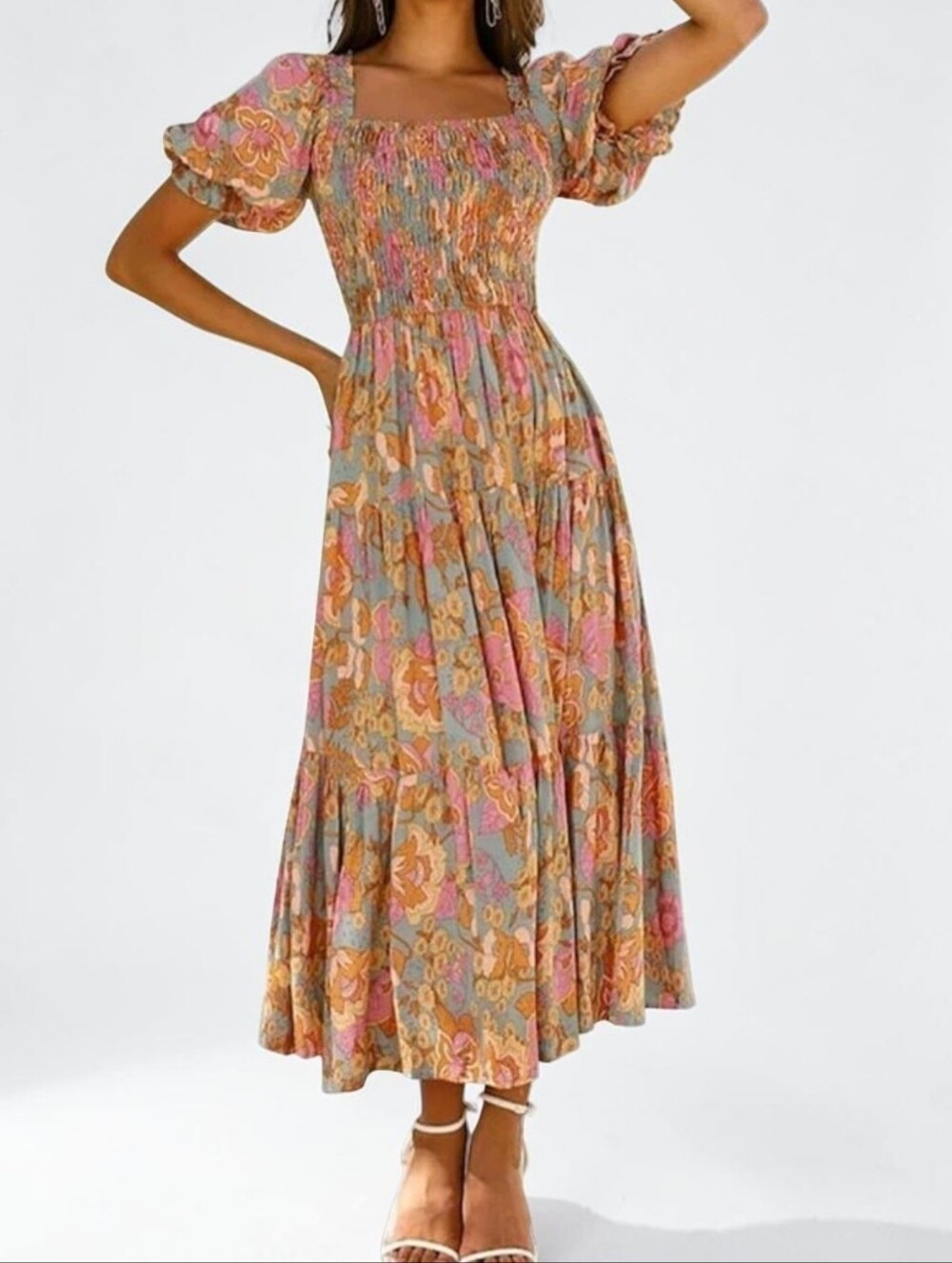 Papillon Sage Retro Floral Print Maxi Dress